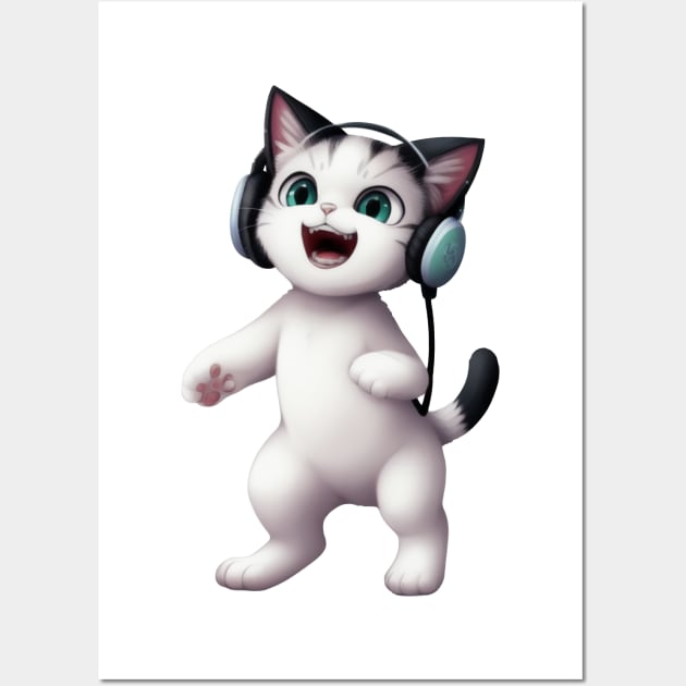 Cat with Headphones Wall Art by Rishirt